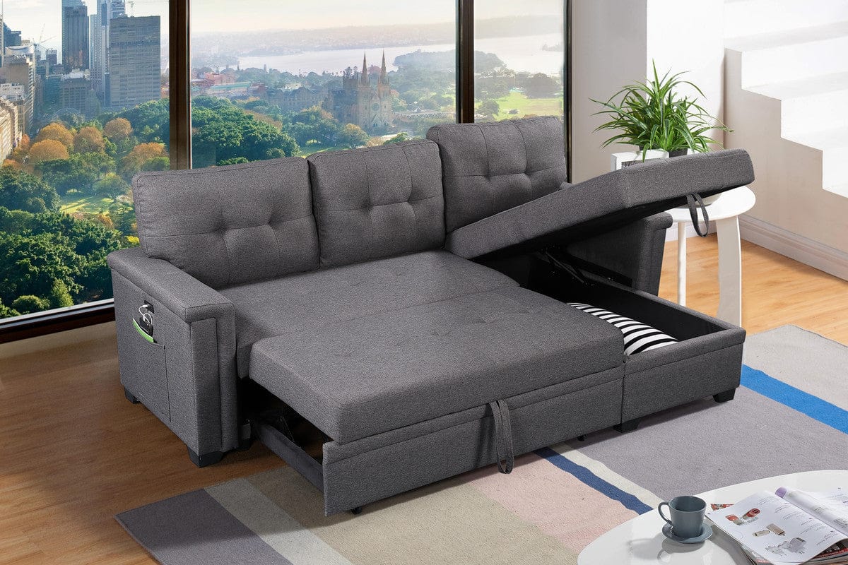 Willow & Hearth Ashlyn 84"W Dark Gray Reversible Sleeper Sectional Sofa with Storage Chaise, USB Charging Ports and Pocket
