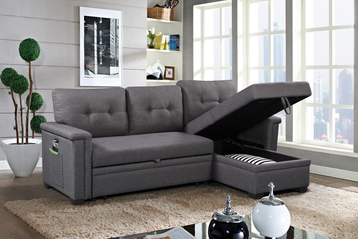 Willow & Hearth Ashlyn 84"W Dark Gray Reversible Sleeper Sectional Sofa with Storage Chaise, USB Charging Ports and Pocket