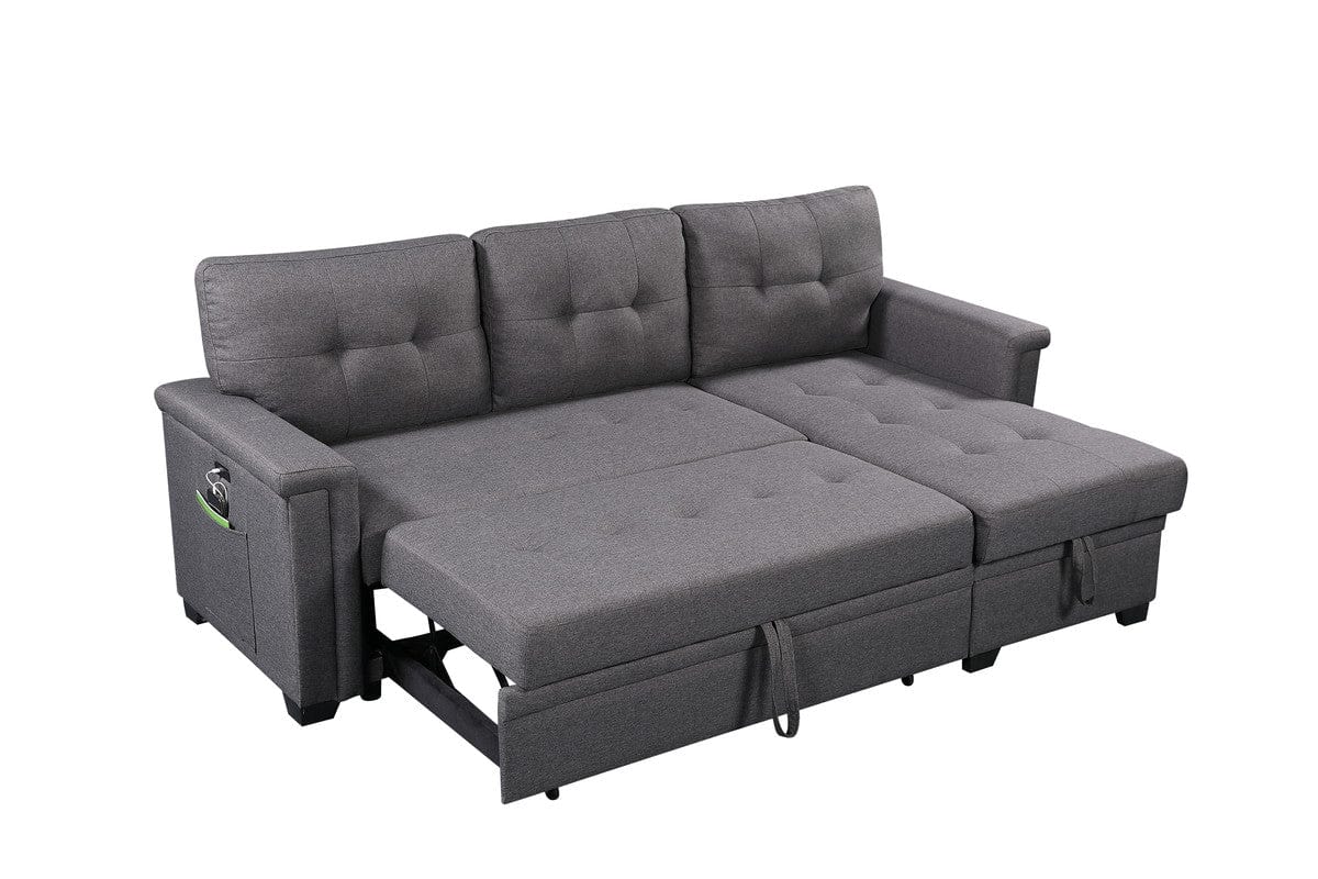 Willow & Hearth Ashlyn 84"W Dark Gray Reversible Sleeper Sectional Sofa with Storage Chaise, USB Charging Ports and Pocket