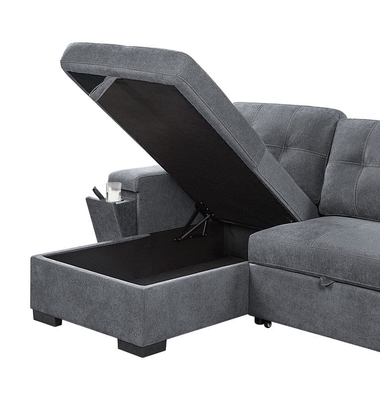 Willow & Hearth Toby 95"W Gray Woven Fabric Reversible Sleeper Sectional Sofa with Storage Chaise Cup Holder Charging Ports and Pockets