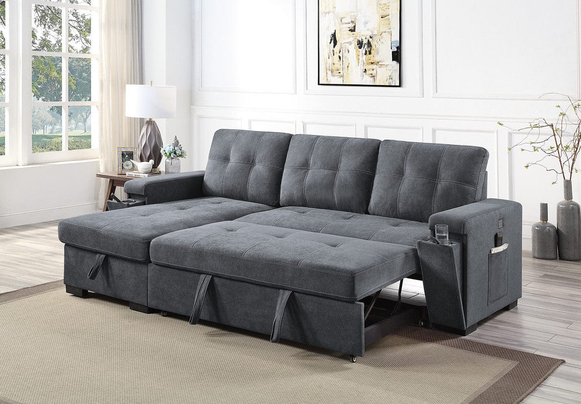 Willow & Hearth Toby 95"W Gray Woven Fabric Reversible Sleeper Sectional Sofa with Storage Chaise Cup Holder Charging Ports and Pockets