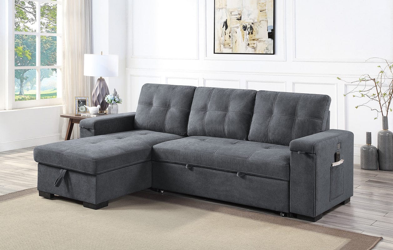 Willow & Hearth Toby 95"W Gray Woven Fabric Reversible Sleeper Sectional Sofa with Storage Chaise Cup Holder Charging Ports and Pockets
