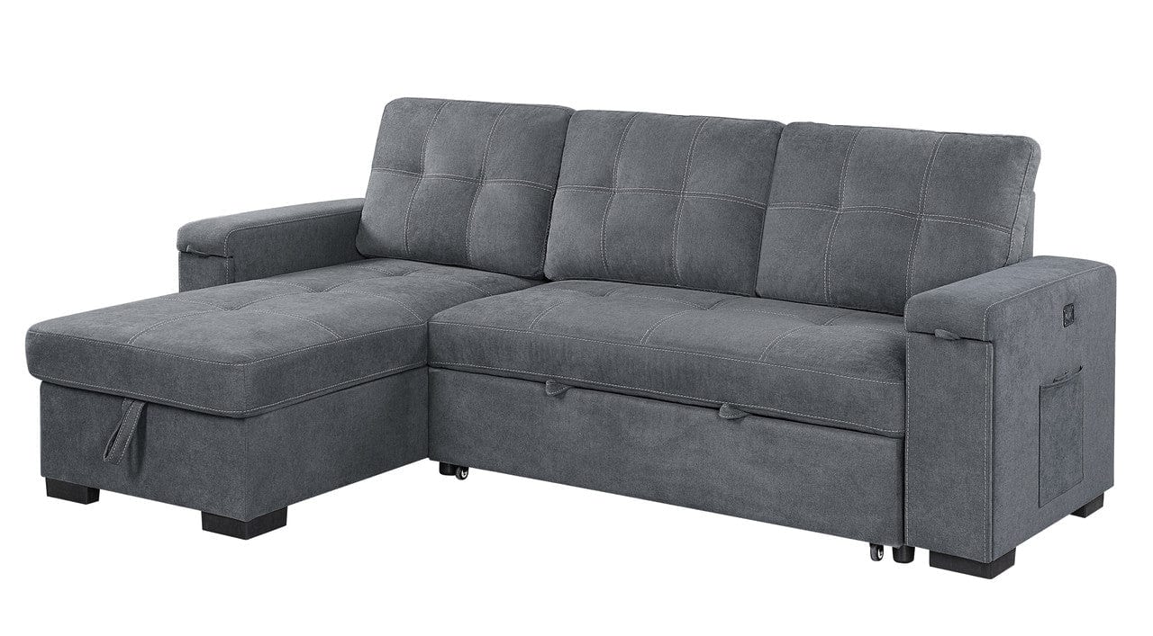 Willow & Hearth Toby 95"W Gray Woven Fabric Reversible Sleeper Sectional Sofa with Storage Chaise Cup Holder Charging Ports and Pockets