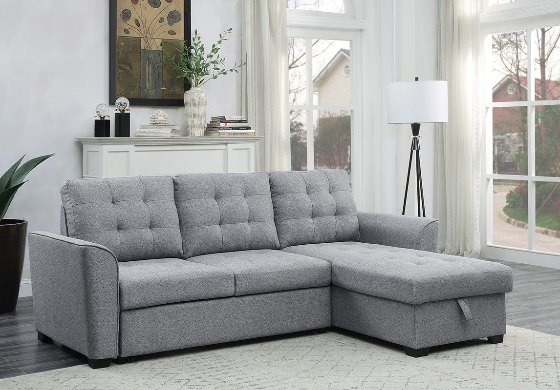 Willow & Hearth Avery 90.5"W Light Gray Linen Sleeper Sectional Sofa with Reversible Storage Chaise