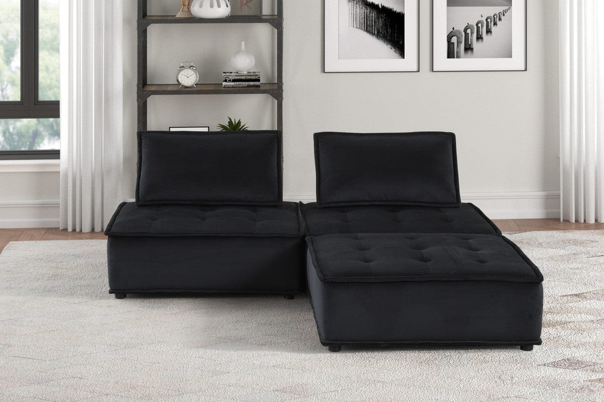 Willow & Hearth Anna 80"W Black Velvet 3 Pc Sectional Sofa Ottoman