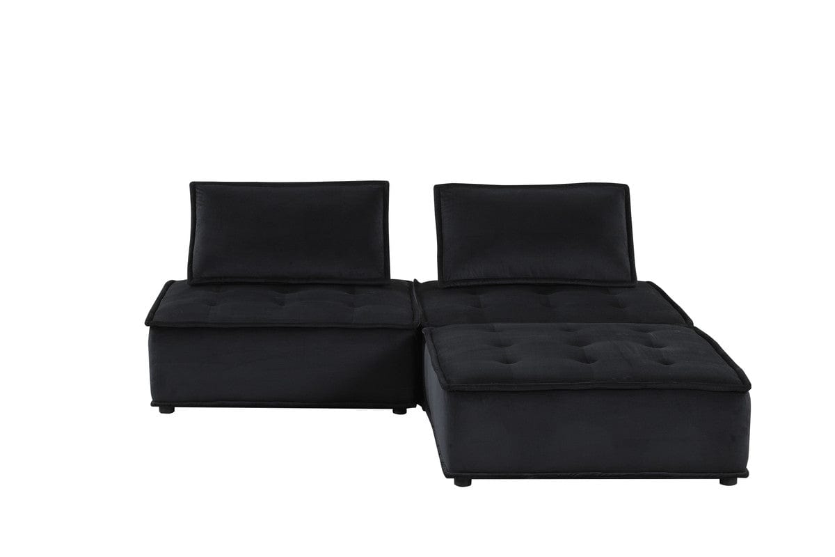 Willow & Hearth Anna 80"W Black Velvet 3 Pc Sectional Sofa Ottoman