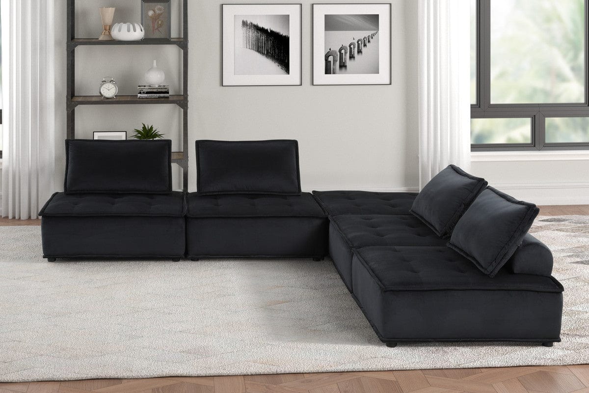 Willow & Hearth Anna 160"W Black Velvet 5 Pc Sectional Sofa Ottoman