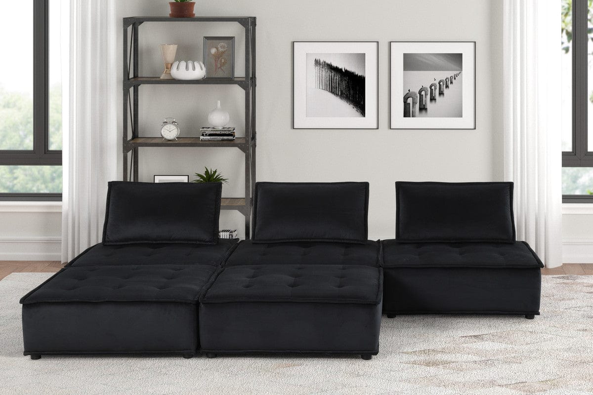 Willow & Hearth Anna 120"W Black Velvet 5 Pc Sectional Sofa Ottoman
