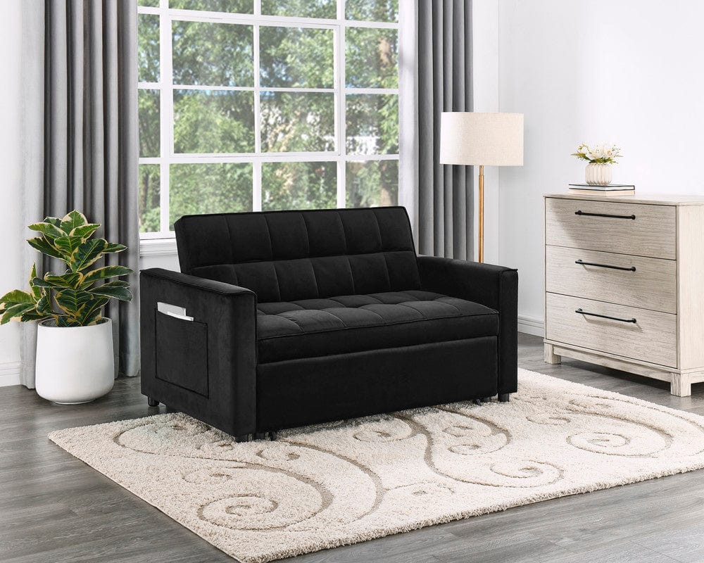 Willow & Hearth Maeve 53.5"W Black Velvet Convertible Sleeper Loveseat with Tufting and Side Pockets