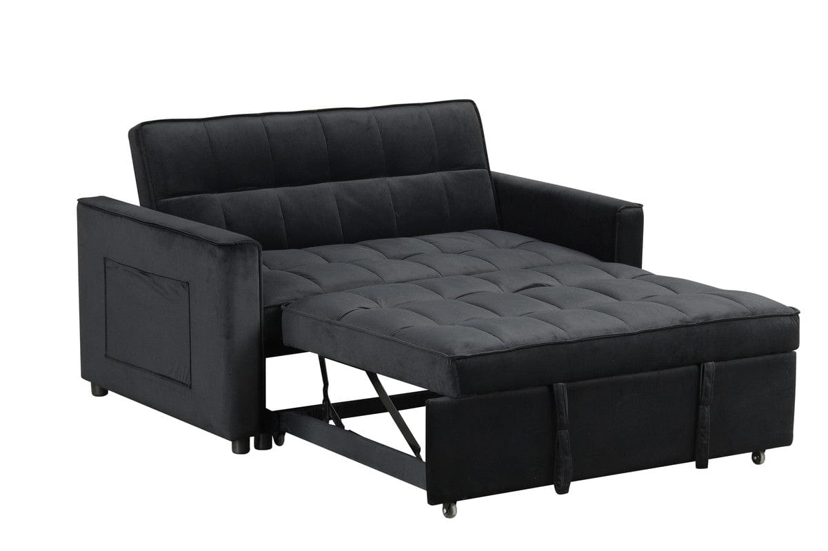 Willow & Hearth Maeve 53.5"W Black Velvet Convertible Sleeper Loveseat with Tufting and Side Pockets
