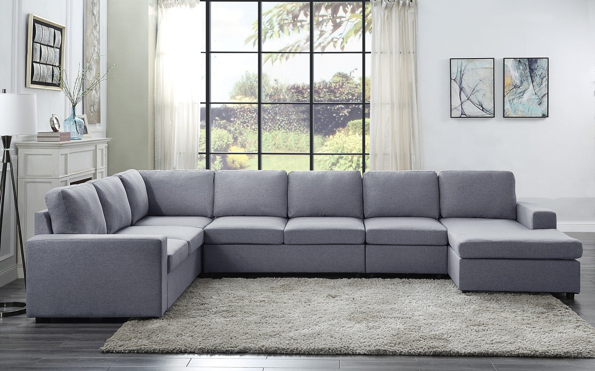 Willow & Hearth Tifton 147"W Light Gray Linen 7 Seat Reversible Modular Sectional Sofa Chaise