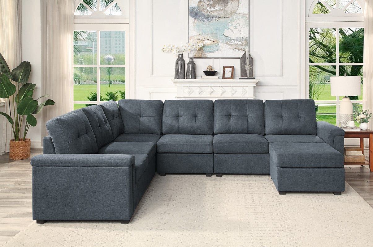 Willow & Hearth Isla 119"W Gray Woven Fabric 7-Seater Sectional Sofa with Ottoman