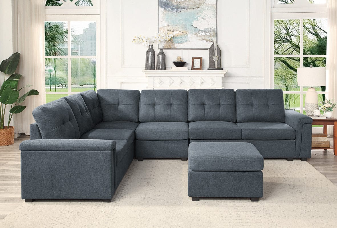 Willow & Hearth Isla 119"W Gray Woven Fabric 7-Seater Sectional Sofa with Ottoman