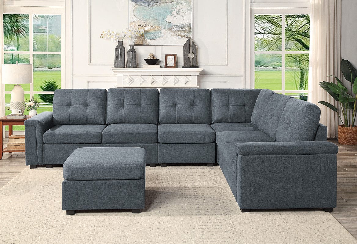 Willow & Hearth Isla 119"W Gray Woven Fabric 7-Seater Sectional Sofa with Ottoman