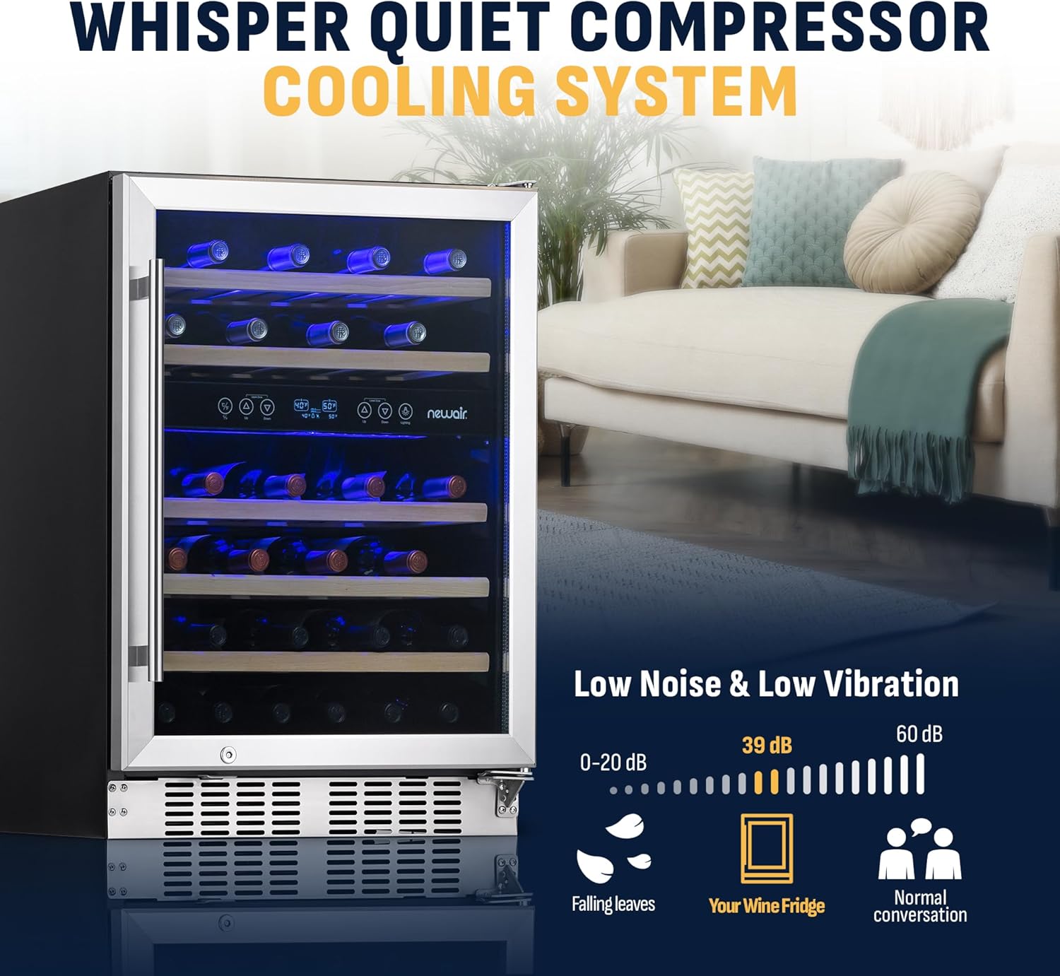 Newair Dual Zone Fridge with Beech Wood Shelves, 46 Bottles, Stainless Steel - Certified Refurbished