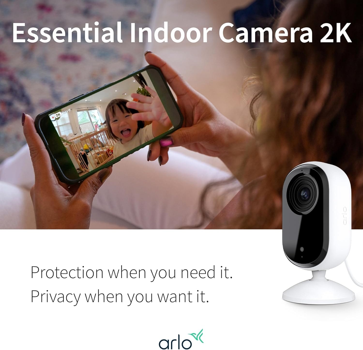 Arlo Essential 2nd Gen 2K Indoor Single Cam, White - Certified Refurbished