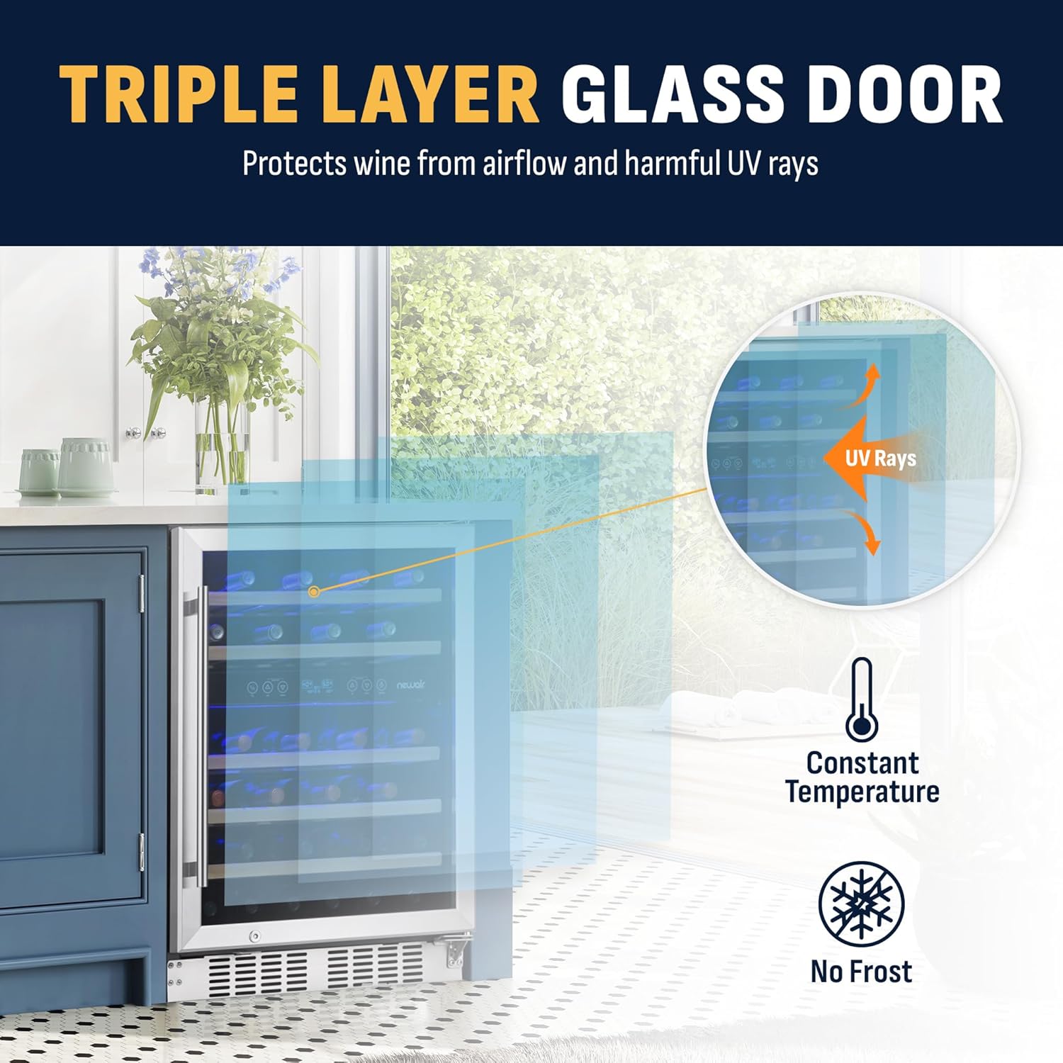 Newair Dual Zone Fridge with Beech Wood Shelves, 46 Bottles, Stainless Steel - Certified Refurbished