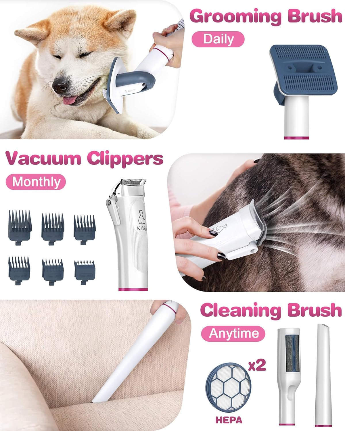 Kakipi Pet Grooming Kit & Vacuum, Includes Clippers, Dryer, Shedding Brush, 1.5L Dust Cup, 2 Filters, Quiet Pet Grooming for Dogs & Cats, Easy to Use
