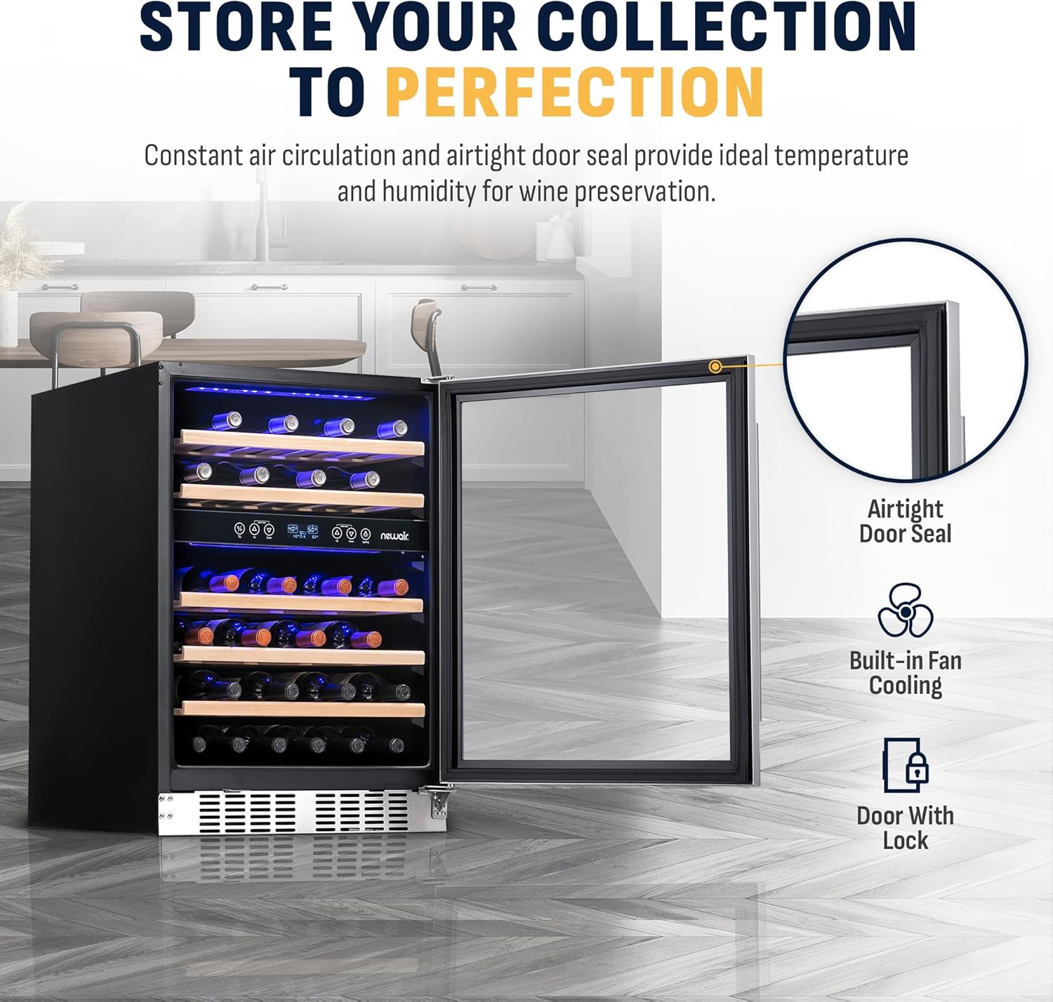 Newair Dual Zone Fridge with Beech Wood Shelves, 46 Bottles, Stainless Steel - Certified Refurbished