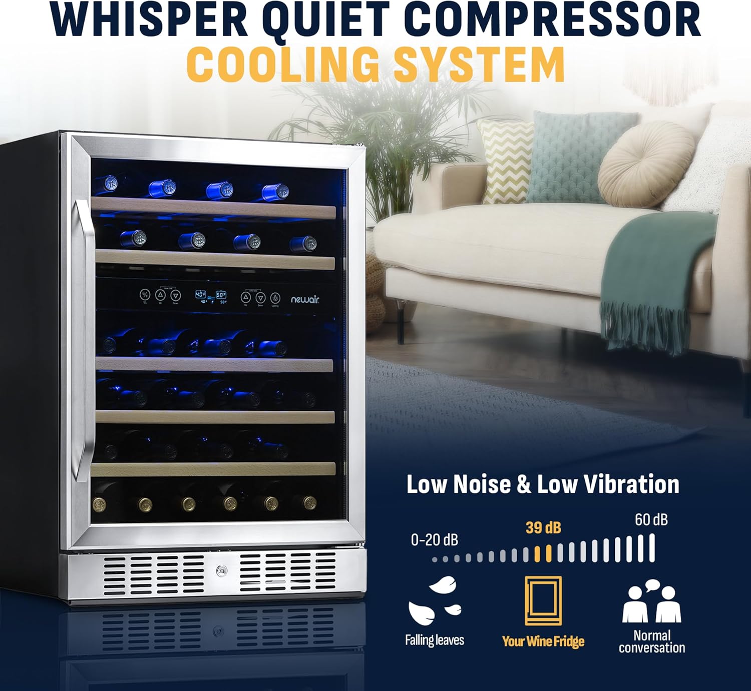 Newair 24" Dual Zone Wine Fridge with Beech Wood Shelves, 46 Bottles, Stainless Steel - Certified Refurbished