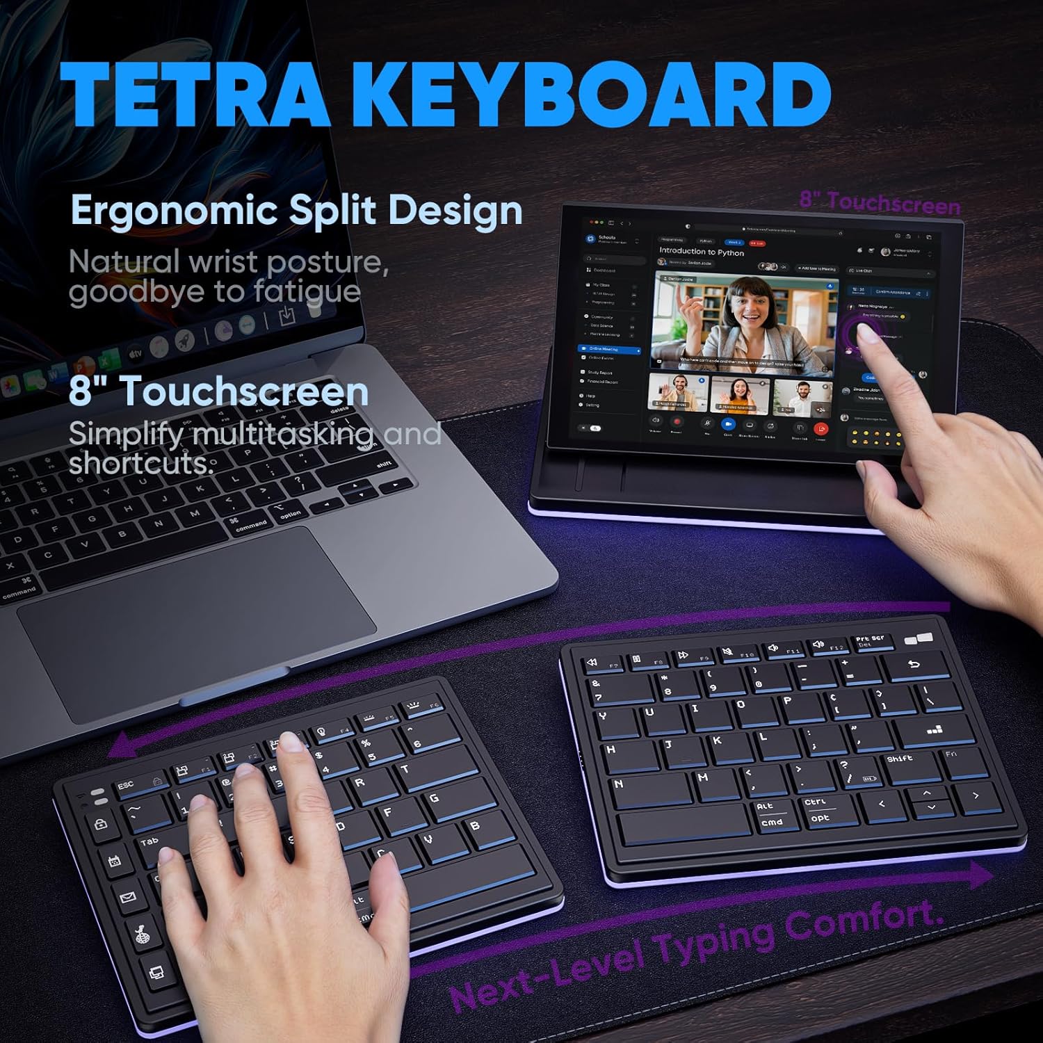 Mobile Pixels Tetra Keyboard with 8" Touchscreen, Customizable Hotkeys, Wireless, Ergonomic - Certified Refurbished