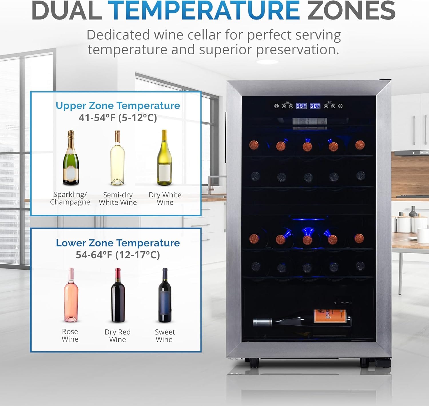 Newair Dual Zone Wine Fridge with Adjustable Racks, 28 Bottles, Stainless Steel - Certified Refurbished