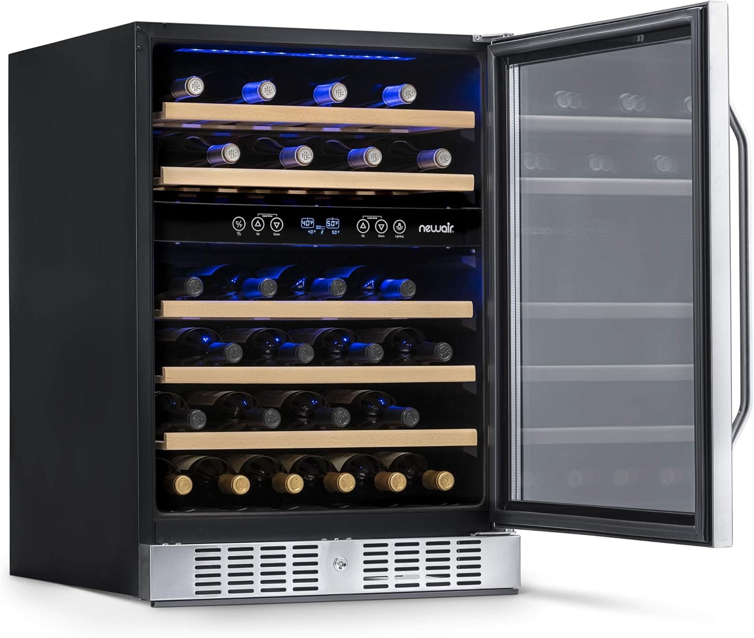 Newair 24" Dual Zone Wine Fridge with Beech Wood Shelves, 46 Bottles, Stainless Steel - Certified Refurbished