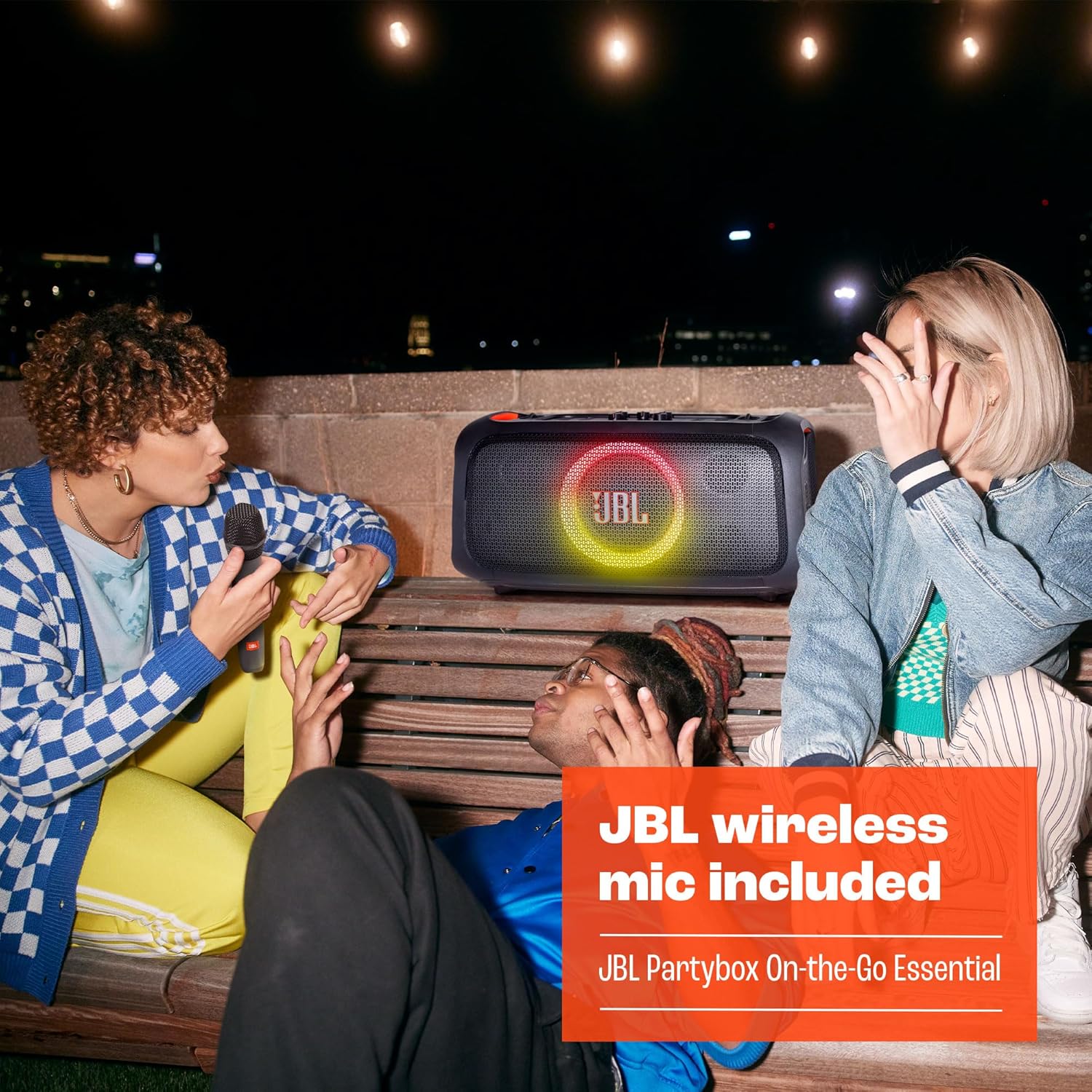 JBL PartyBox On-The-Go Essential, Portable Party Speaker with Built-In Lights and Wireless Mic, Black - Certified Refurbished