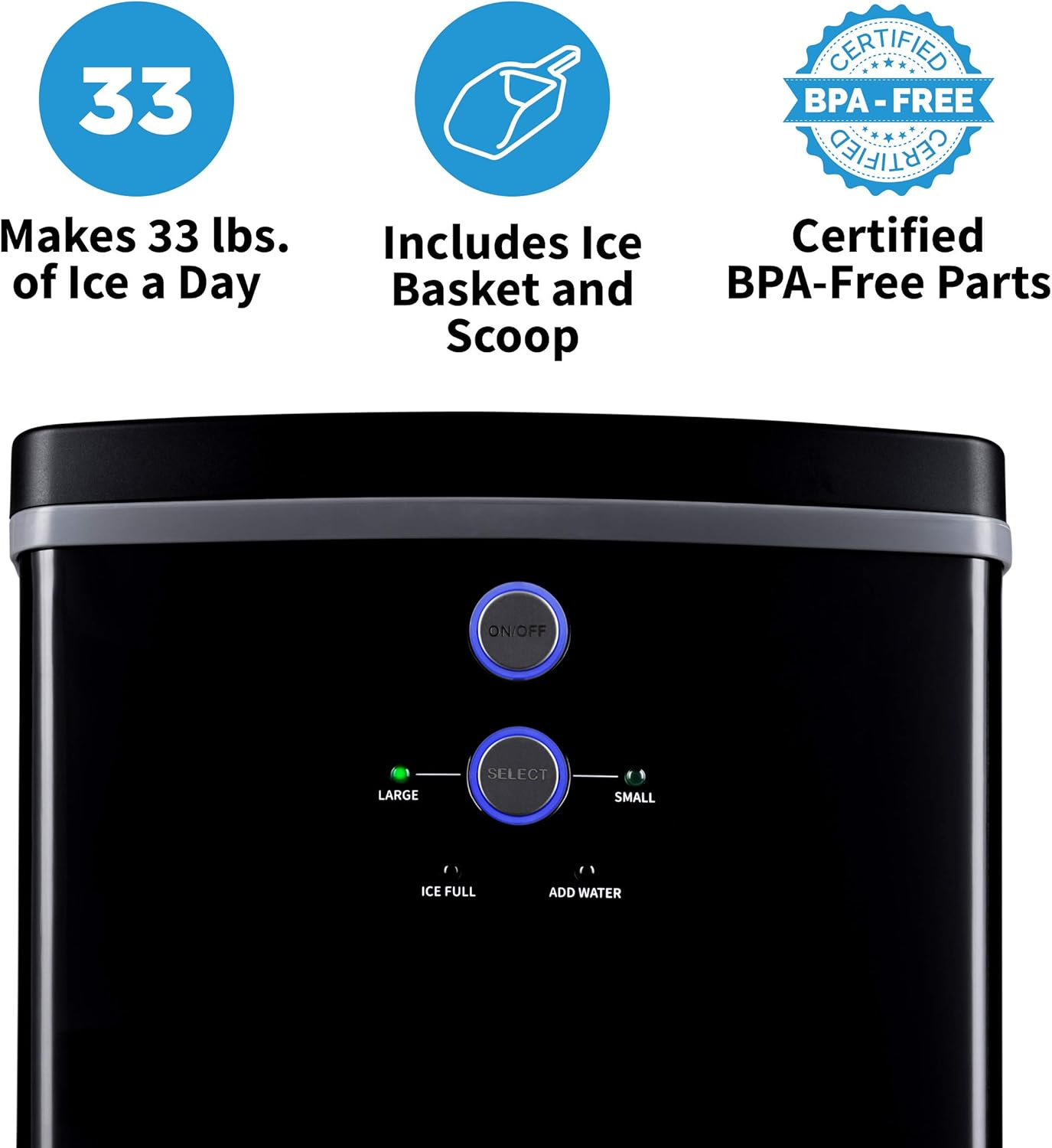 Newair Portable Ice Maker with 2 Ice Sizes, 33 lbs of Ice a Day, Black - Certified Refurbished