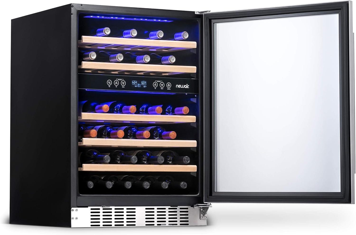 Newair Dual Zone Fridge with Beech Wood Shelves, 46 Bottles, Stainless Steel - Certified Refurbished