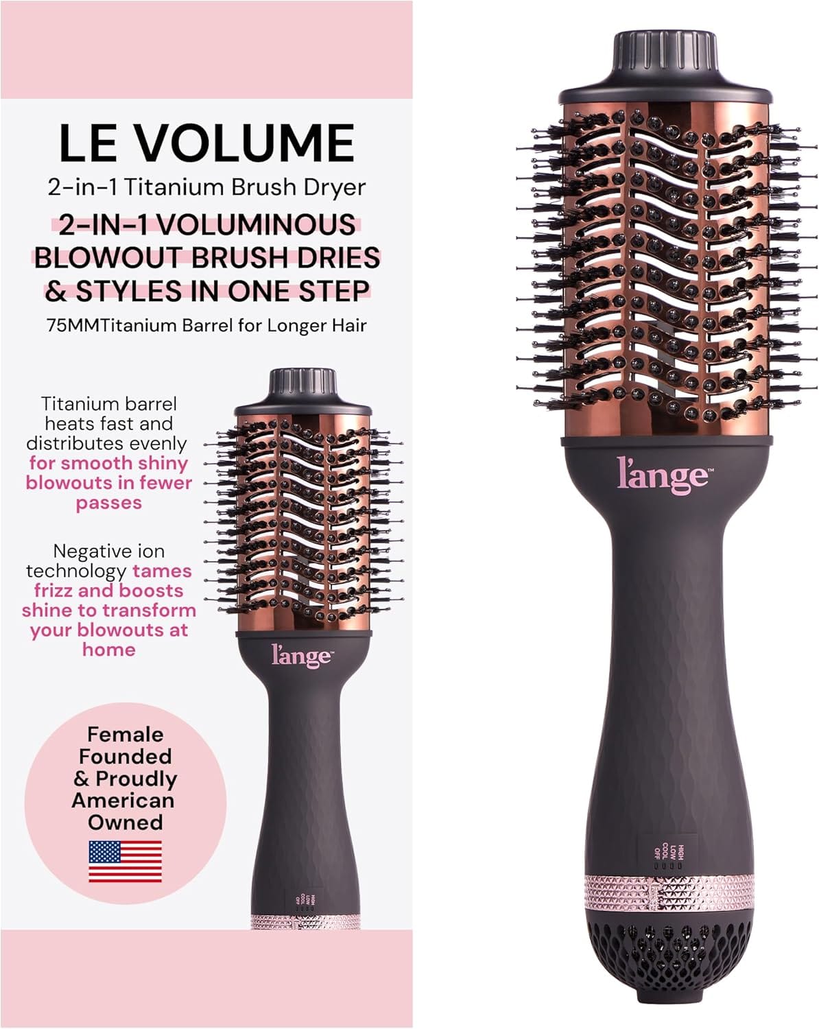 L'ange Hair Le Volume 2-in-1 Titanium Blow Dryer Brush, 75mm Oval Barrel, for Smooth, Frizz-Free Styling on All Hair Types, Black