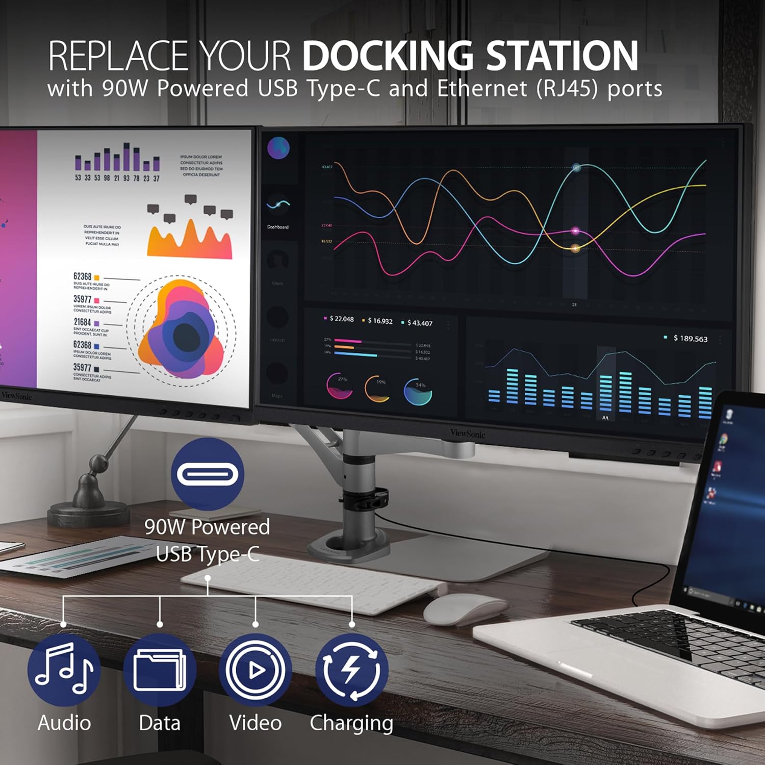 ViewSonic 24" Dual Pack Head-Only 1080p IPS Monitors with USB C, 60 Hz, Black - Certified Refurbished