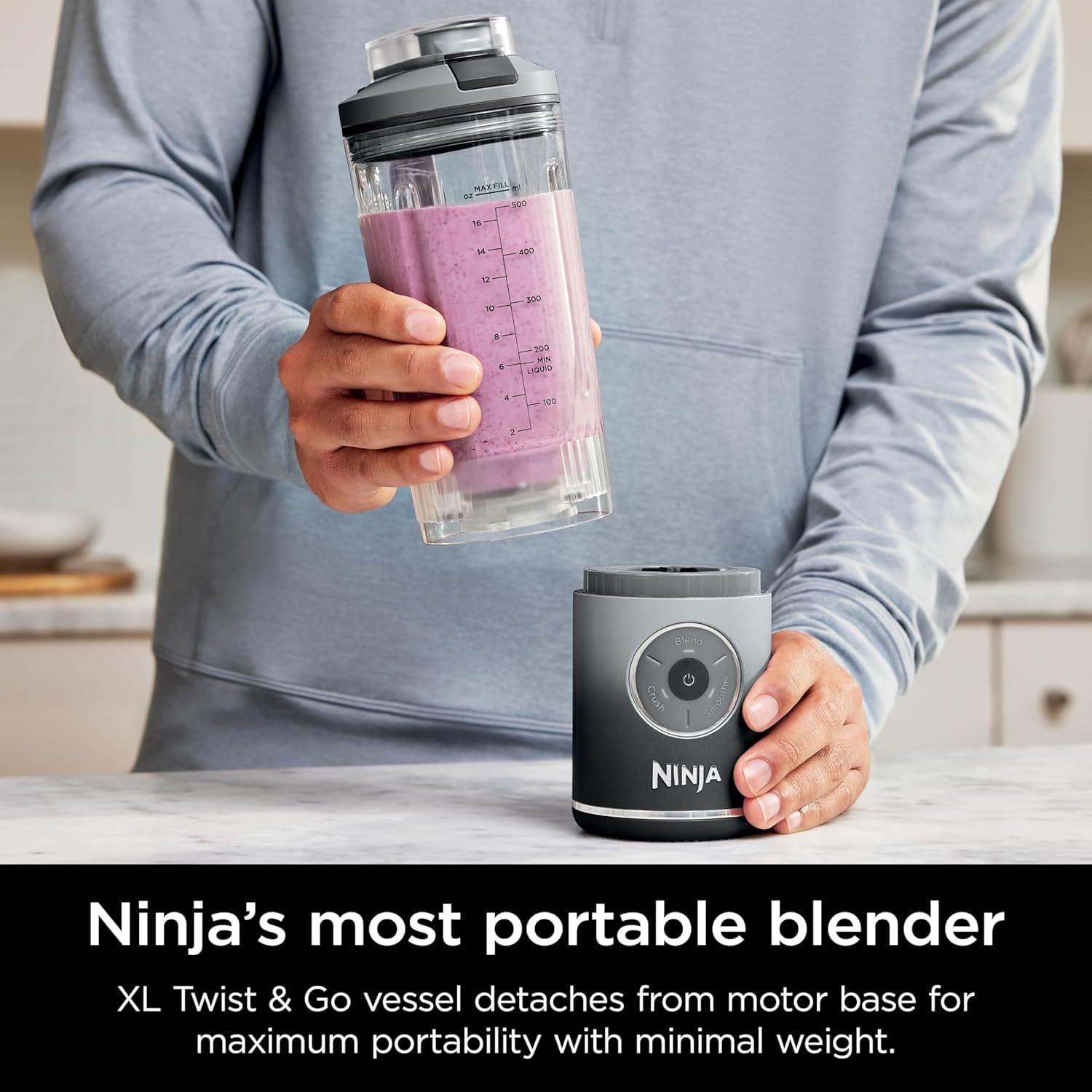Ninja Blast Max Personal Cordless Blender for Smoothies, Blend, Ice Crush, 22 oz. Twist & Go Vessel, Gray - Certified Refurbished