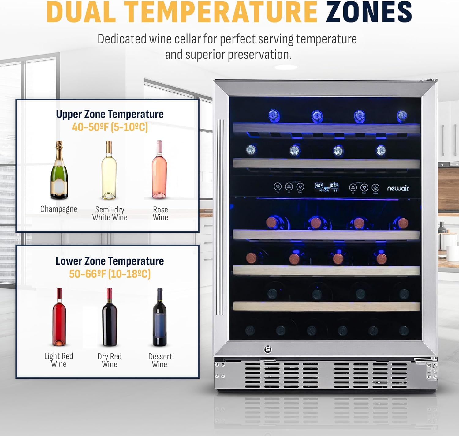 Newair Dual Zone Fridge with Beech Wood Shelves, 46 Bottles, Stainless Steel - Certified Refurbished