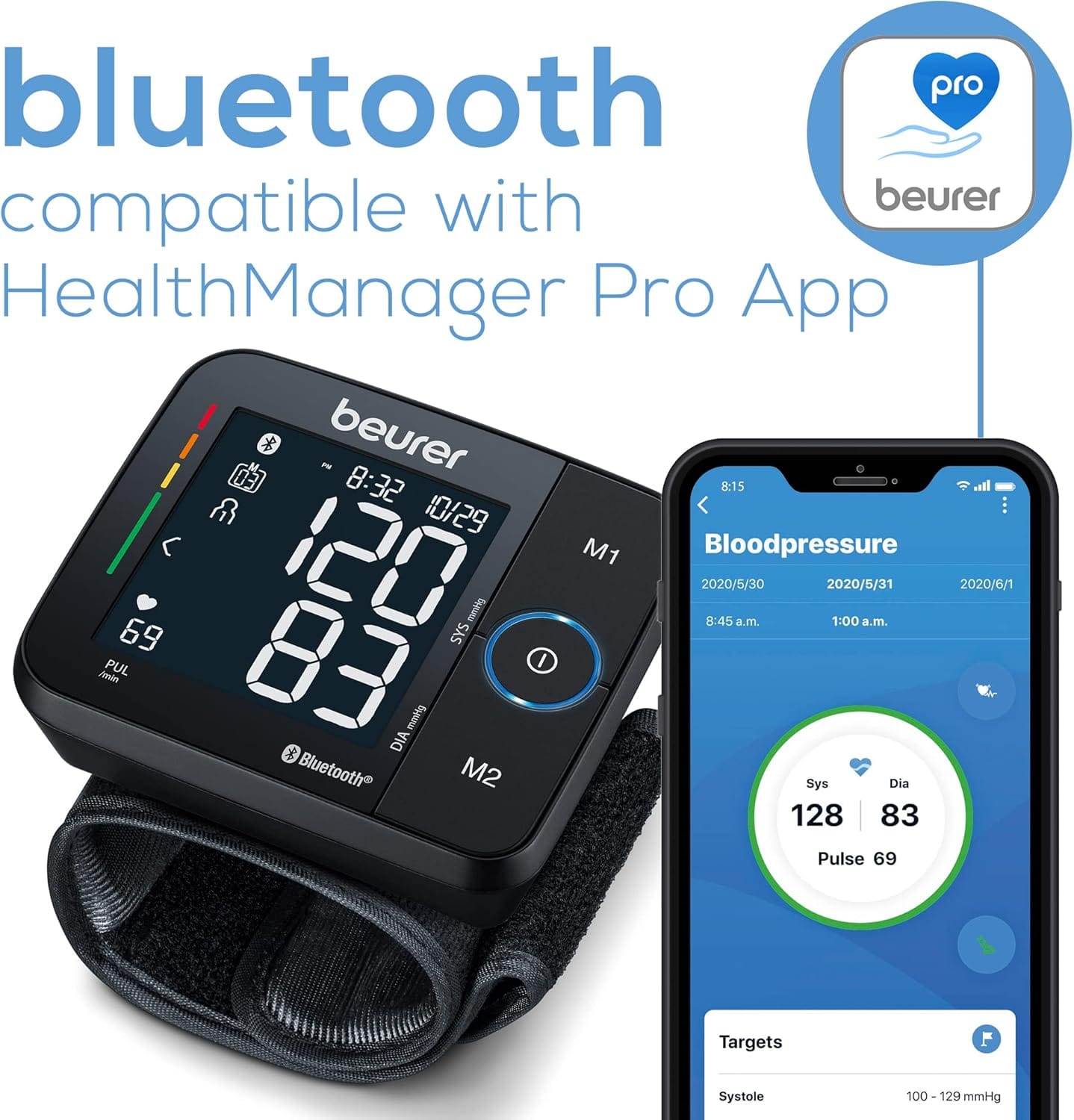Beurer Wrist Blood Pressure Monitor with Bluetooth, Irregular Heartbeat Detection, Risk Indicator, Large Display, and Travel Case - Refurbished