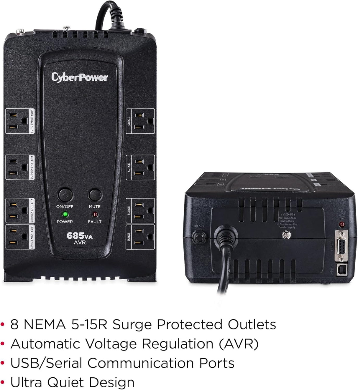 CyberPower AVR UPS Battery Backup and Surge Protector, 685VA/390W, 8 Outlets - Certified Refurbished