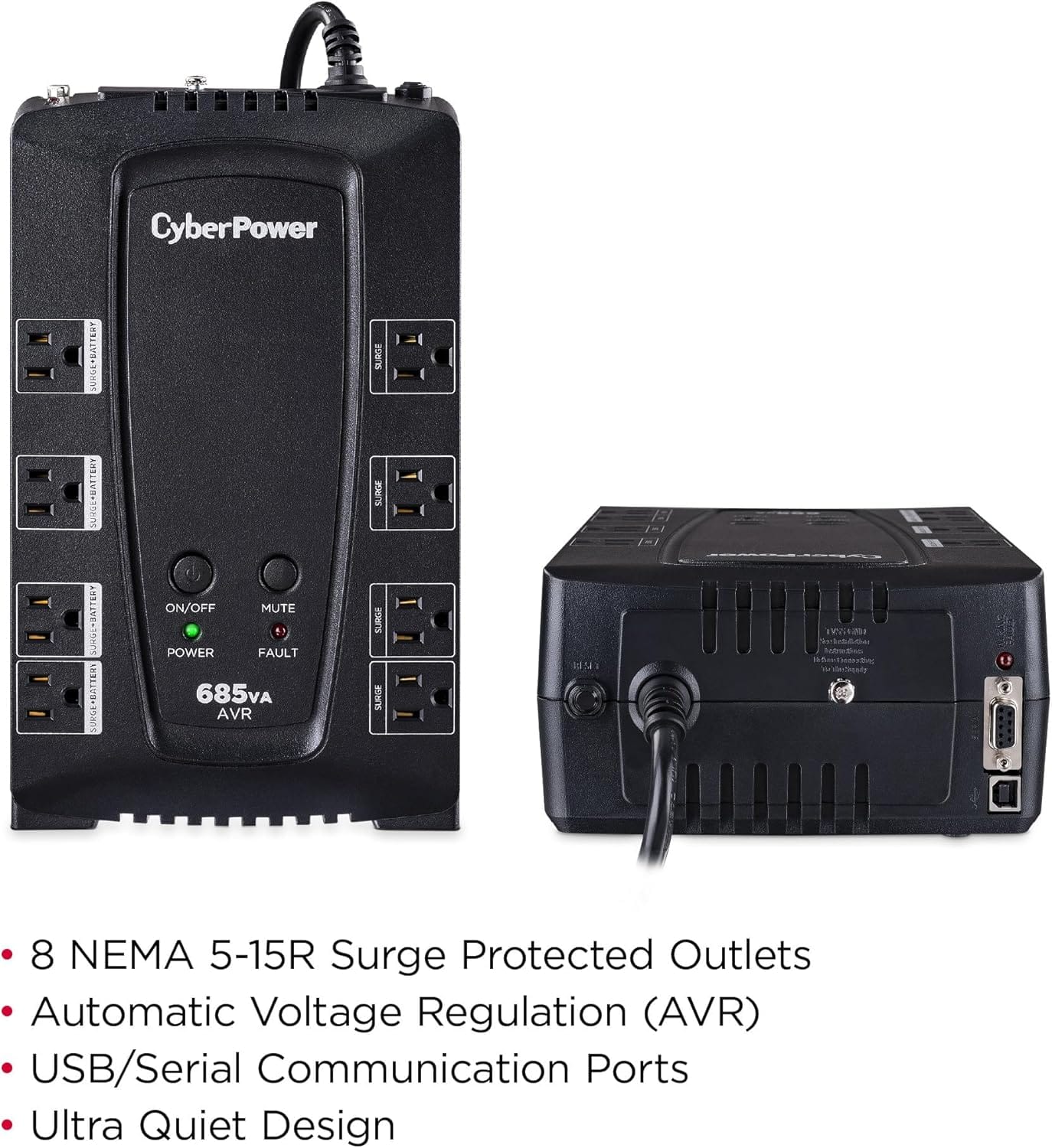 CyberPower AVR UPS Battery Backup and Surge Protector, 685VA/390W, 8 Outlets - Certified Refurbished