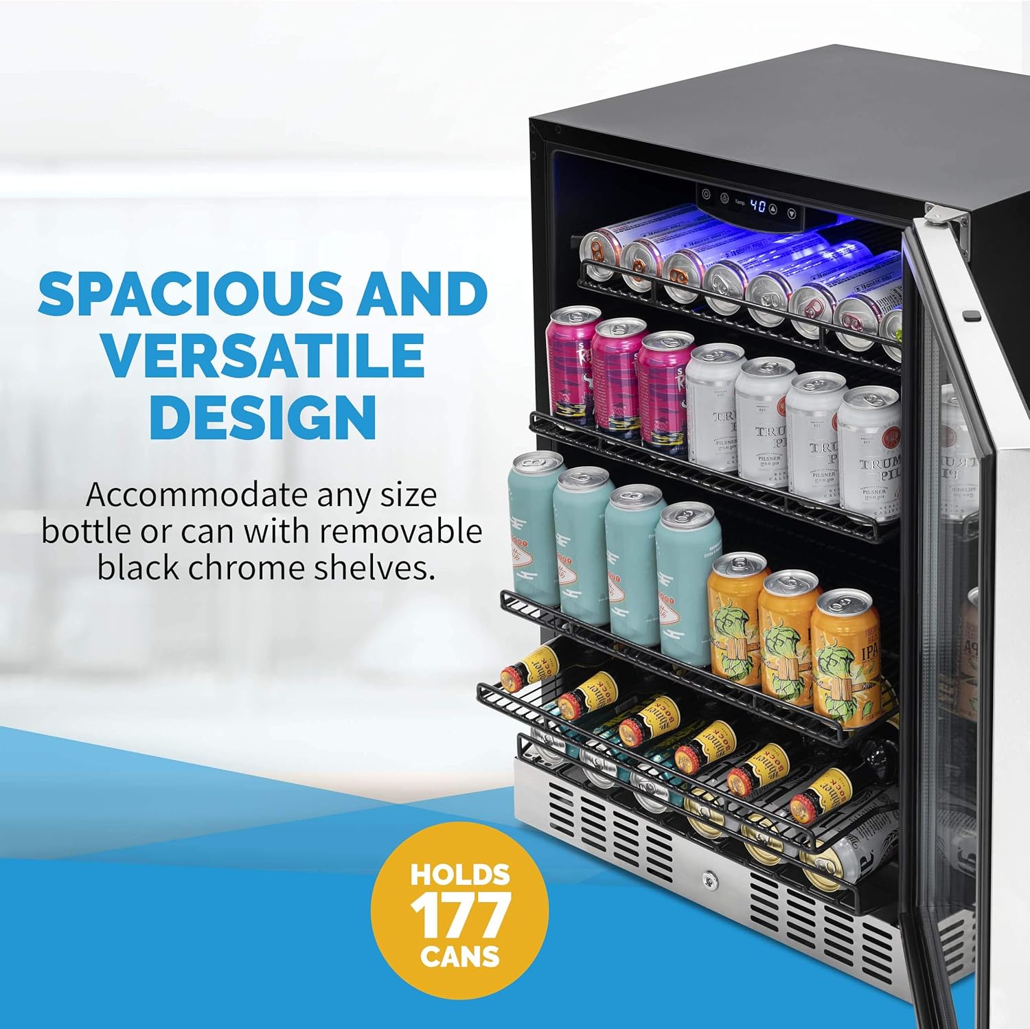 Newair 24" Built-in Beverage Fridge with Triple-Pane Glass, 177 Cans, Stainless Steel - Certified Refurbished