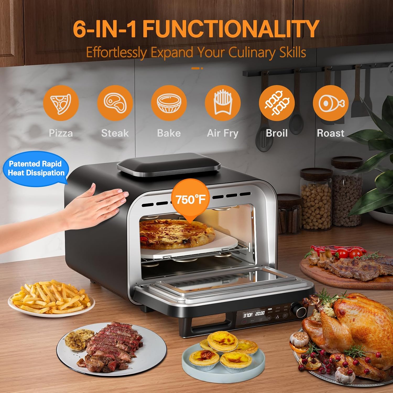 G.A. HomeFavor 6-in-1 Multi-Function Enhanced Dual-Heating Pizza Oven, with Air Fry, Bake, Roast, Toast, Broil & Grill, Graphite