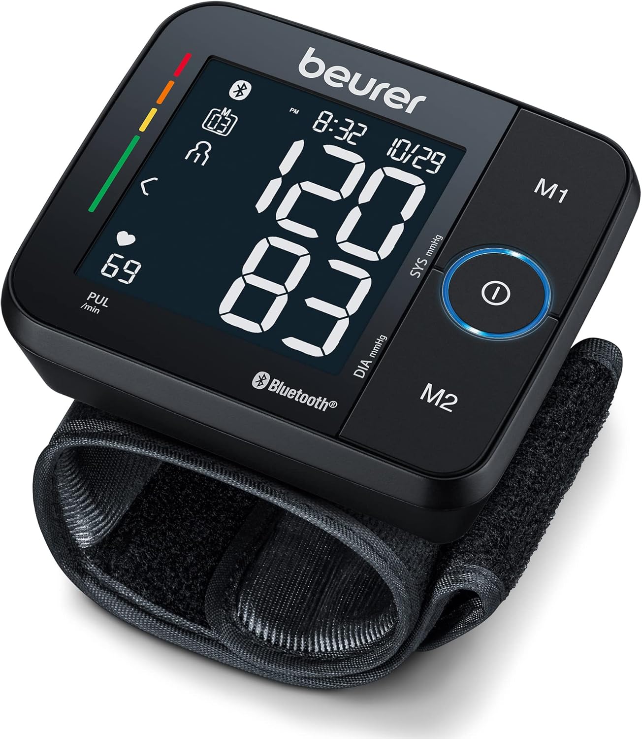Beurer Wrist Blood Pressure Monitor with Bluetooth, Irregular Heartbeat Detection, Risk Indicator, Large Display, and Travel Case - Refurbished