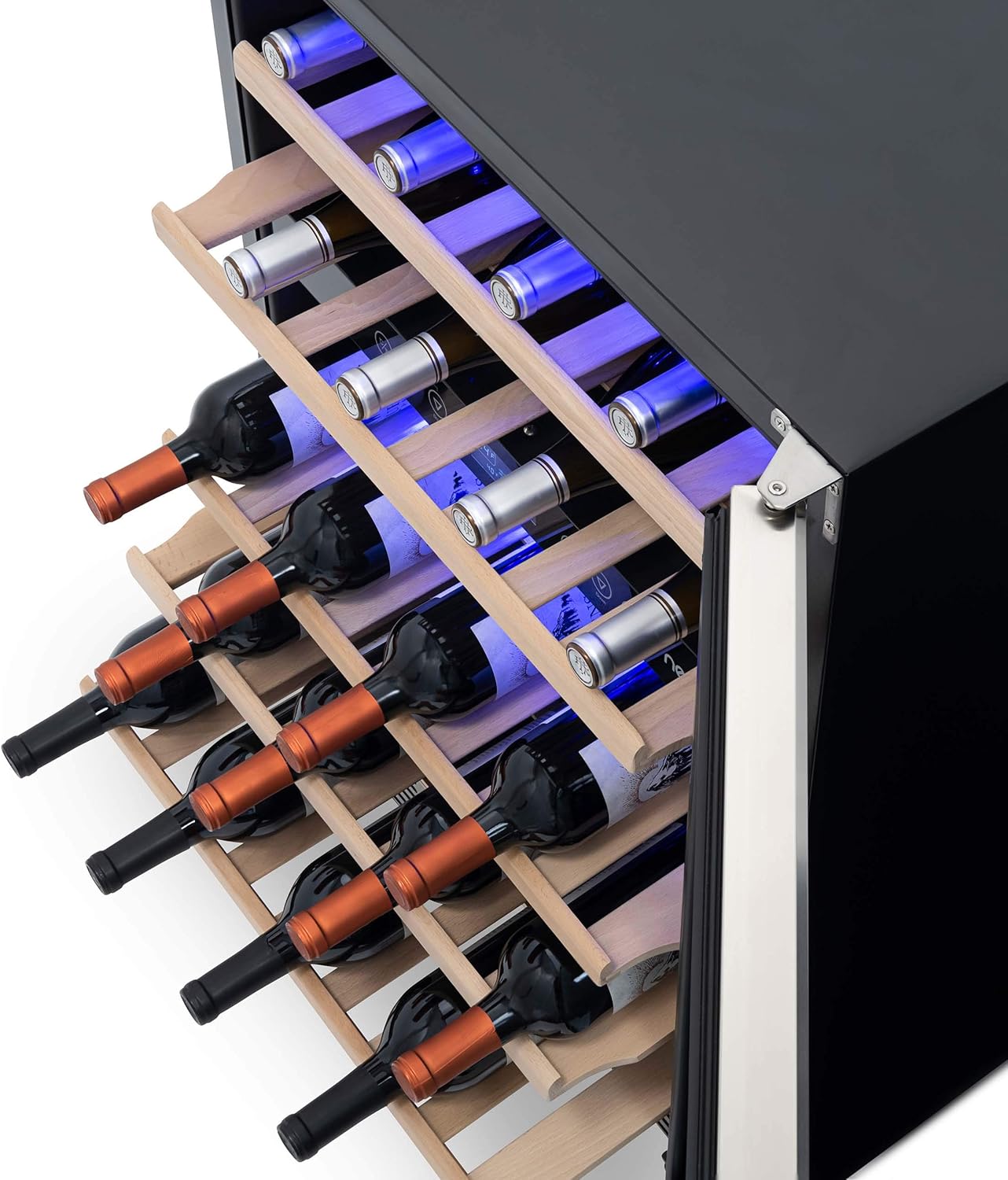 Newair Dual Zone Fridge with Beech Wood Shelves, 46 Bottles, Stainless Steel - Certified Refurbished