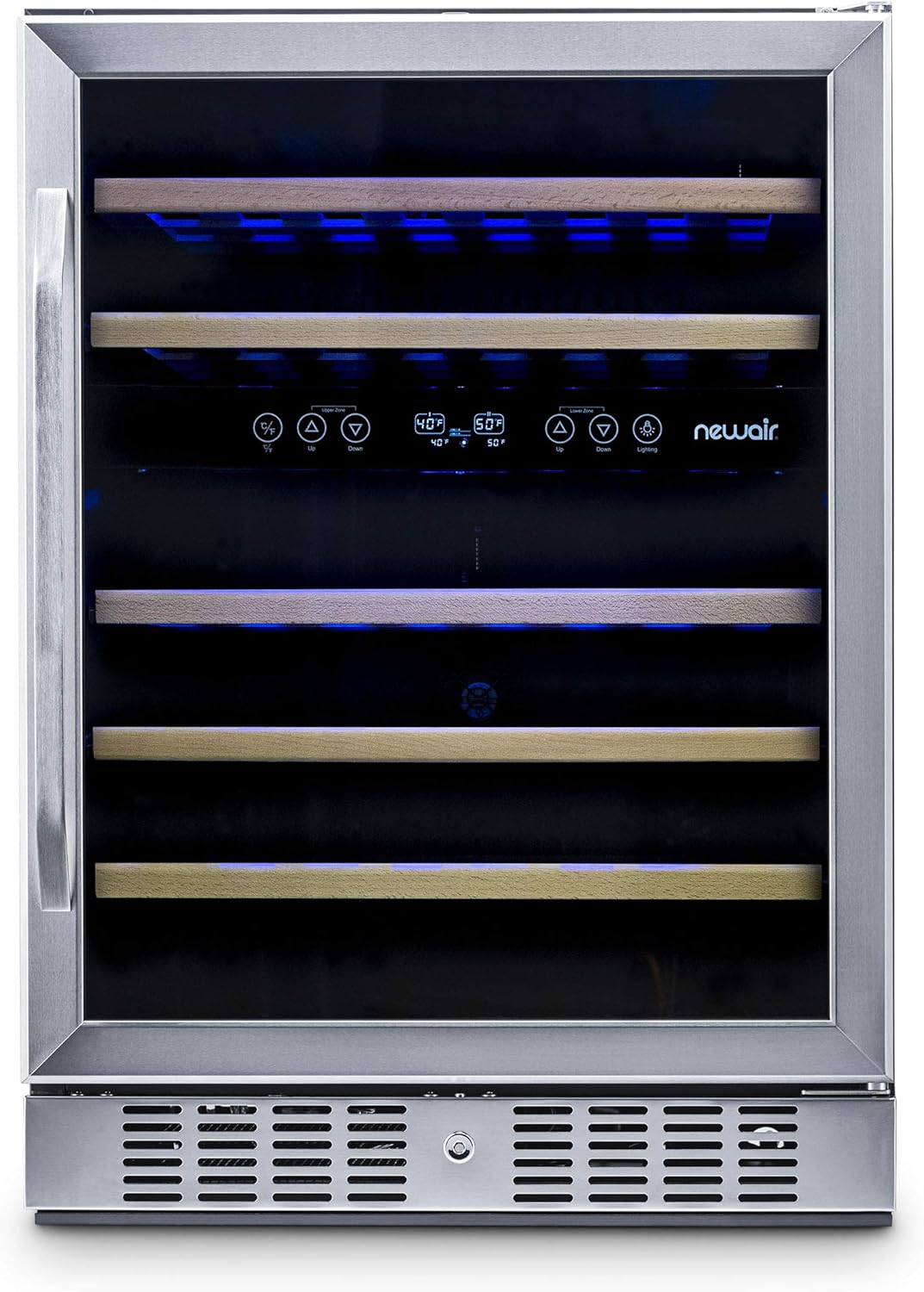 Newair 24" Dual Zone Wine Fridge with Beech Wood Shelves, 46 Bottles, Stainless Steel - Certified Refurbished
