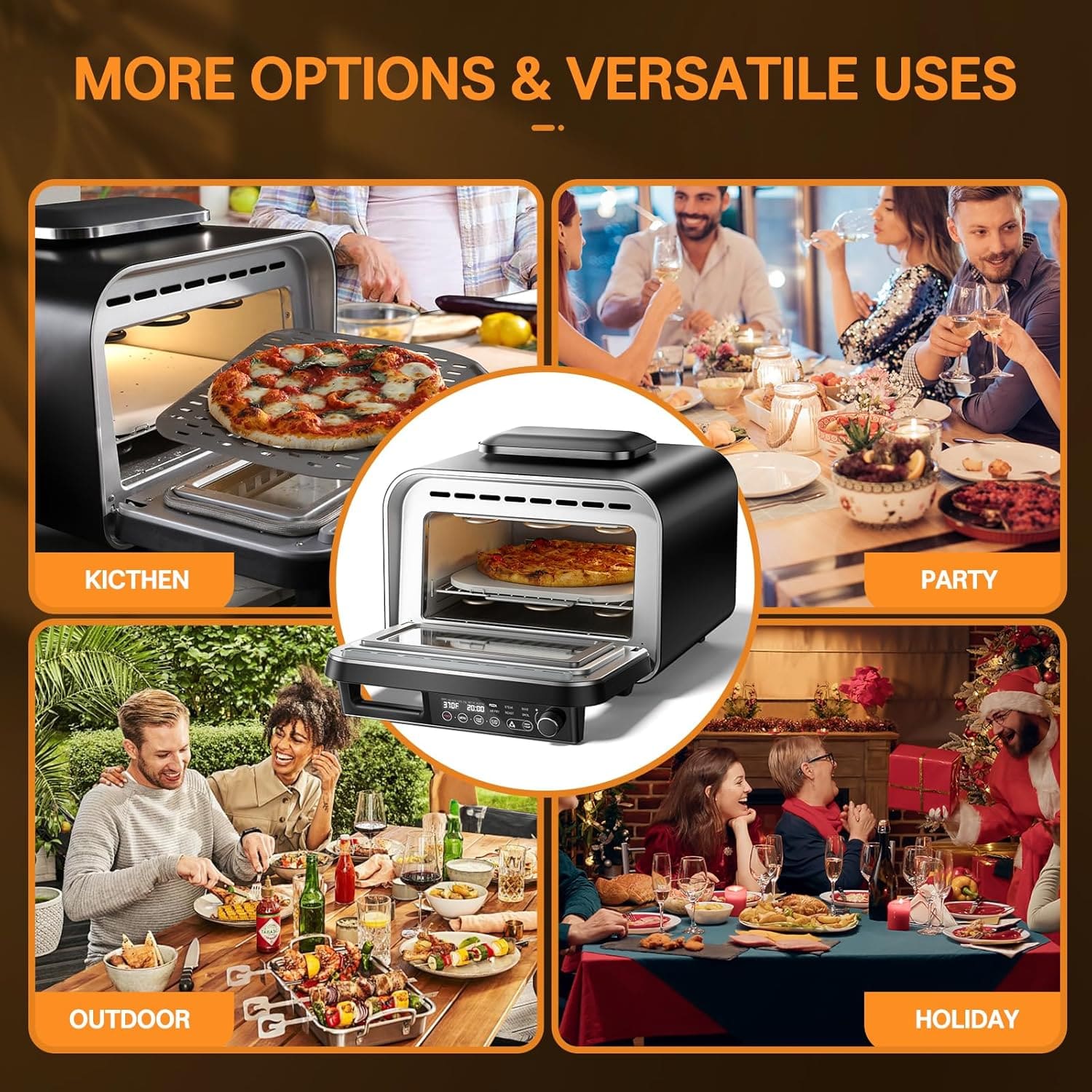 G.A. HomeFavor 6-in-1 Multi-Function Enhanced Dual-Heating Pizza Oven, with Air Fry, Bake, Roast, Toast, Broil & Grill, Graphite