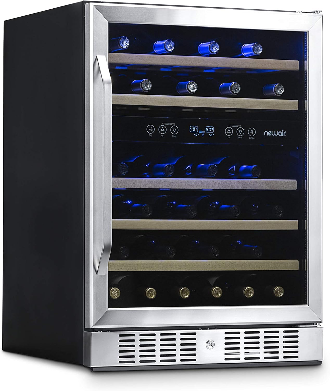 Newair 24" Dual Zone Wine Fridge with Beech Wood Shelves, 46 Bottles, Stainless Steel - Certified Refurbished