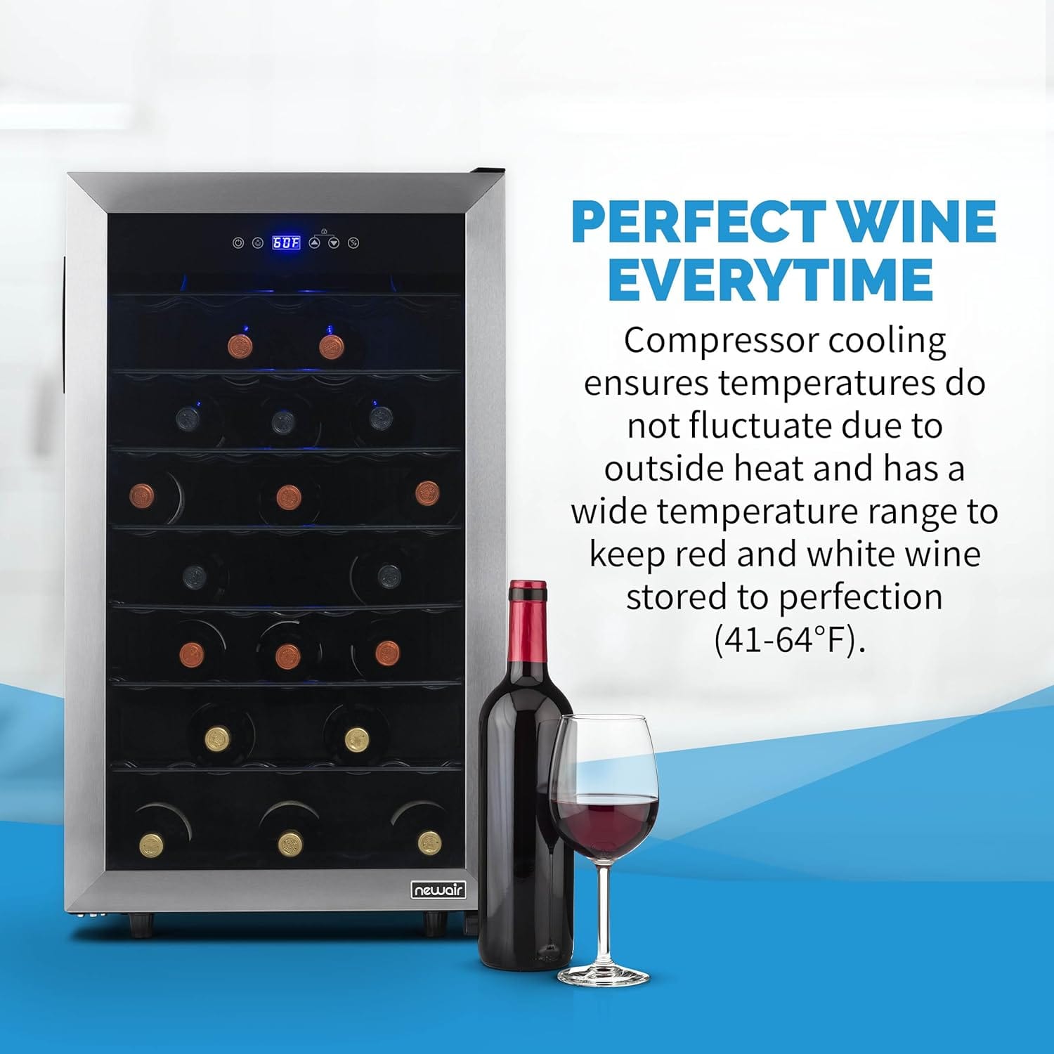Newair Freestanding Wine Fridge with Adjustable Racks, 50 Bottles, Stainless Steel - Certified Refurbished