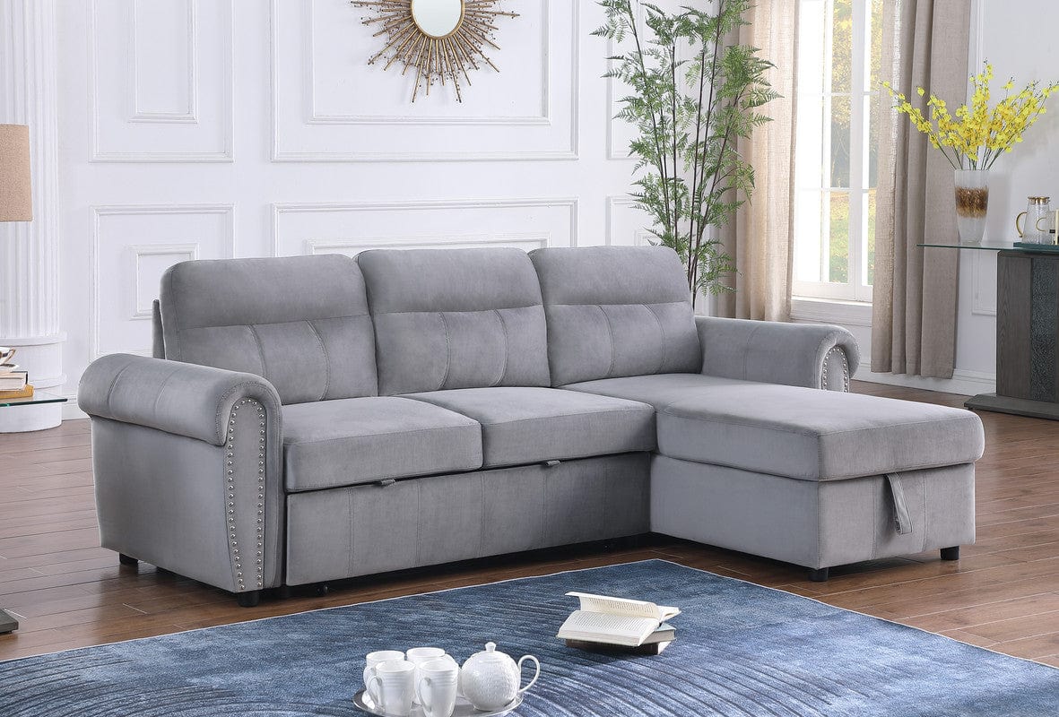 Willow & Hearth Ashton 96.5"W Gray Velvet Fabric Reversible Sleeper Sectional Sofa Chaise