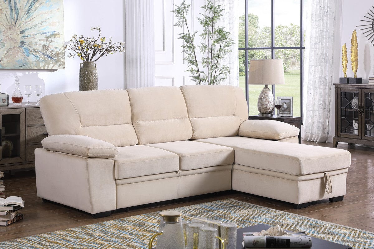 Willow & Hearth Kipling 97.5"W Beige Velvet Fabric Reversible Sleeper Sectional Sofa Chaise