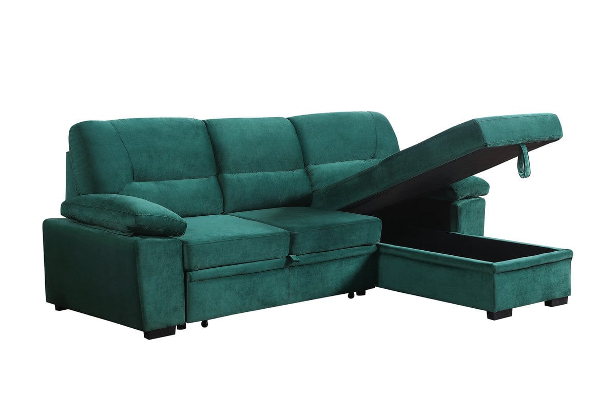Willow & Hearth Kipling 97.5"W Green Velvet Fabric Reversible Sleeper Sectional Sofa Chaise