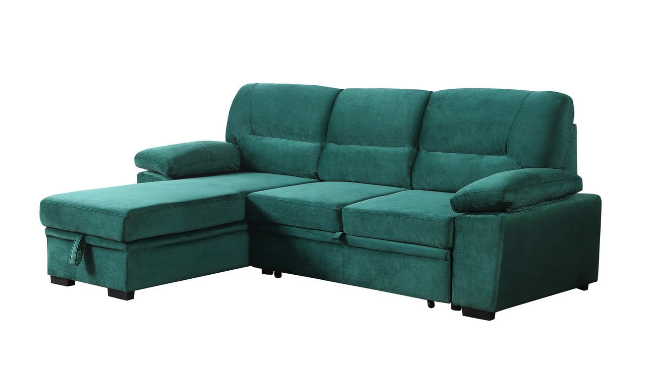 Willow & Hearth Kipling 97.5"W Green Velvet Fabric Reversible Sleeper Sectional Sofa Chaise