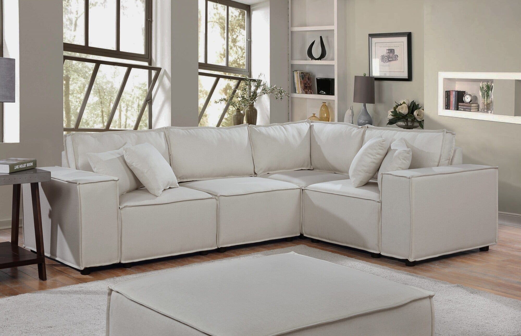 Willow & Hearth Melrose 99"W Modular Sectional Sofa with Ottoman in Beige Linen